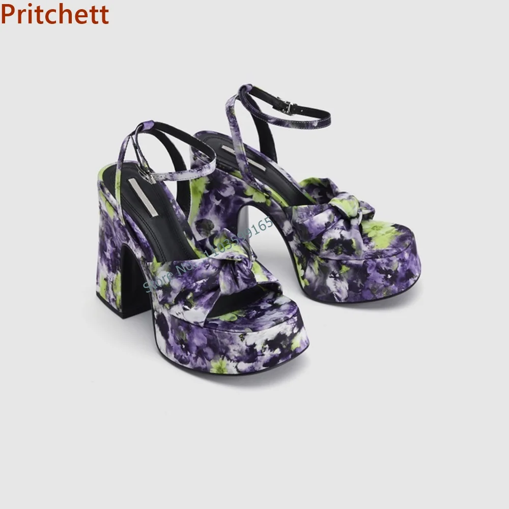 

Print Flower Twist Sandals Round Toe Chunky Heel Platform Buckle Strap Mixed Color Shoes Summer Retro Women Party Runway Shoes