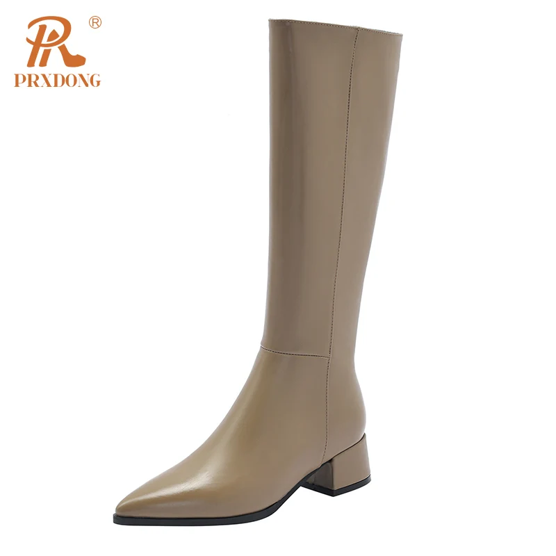 

PRXDONG Plus Size 34-45 New Brand Autumn Winter Warm Knee High Boots Med Square Heels Pointed Toe Black Khaki Dress Casual Shoes