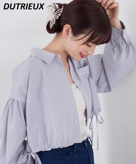 Spring New Versatile Fashion Short Short Short Pure Color Tied Tight Waist Japanese Style Striped Sweet Tops Camisas De Mujer
Spring New Versatile Fashion Short Short Short Pure Color Tied Tight Waist Japanese Style Striped Sweet Tops Camisas De Mujer