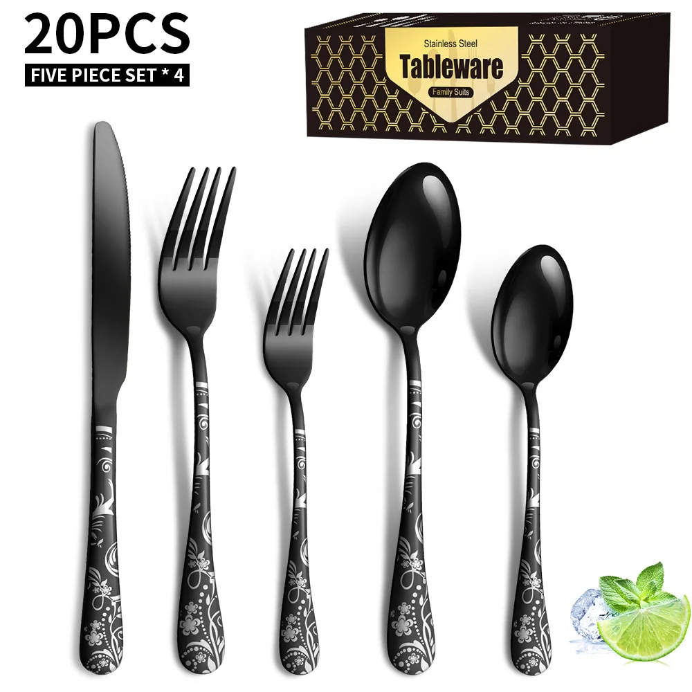 20Pcs/Set Stainless Steel Cutlery Set Pattern Plated Western Food Knife Fork Spoon Cutlery Set Hotel Kitchen Cutlery Set
20Pcs/Set Stainless Steel Cutlery Set Pattern Plated Western Food Knife Fork Spoon Cutlery Set Hotel Kitchen Cutlery Set