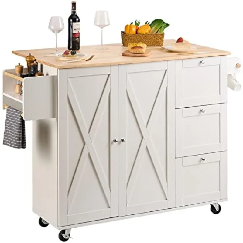 

Kitchen Island Cart with Solid Wood Top 45.3" Width Mobile Carts with Storage Cabinet, Rolling Table with Spice Rack, Towel Rack