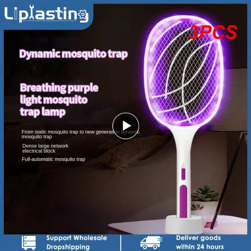 

3PCS IN 1 Electric Flies Swatter Killer with UV Light Fly Zapper Racket Rechargeable Mosquito Racket Anti Bug Zapper