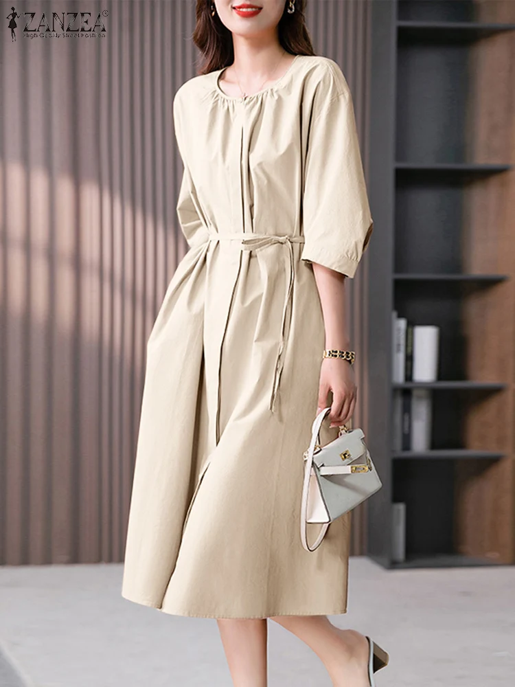 

ZANZEA 2023 Summer Round Neck Midi Vestido Women Shirt Dress Casual Half Sleeve Belted Sundress Fashion Pleats Solid Baggy Robe