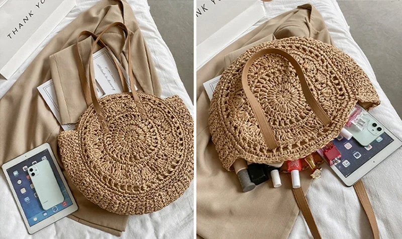 Round Woven Straw Beach Bag - Travel Tote 25 S050ad531008248e3b1dc479c20c15fdbh