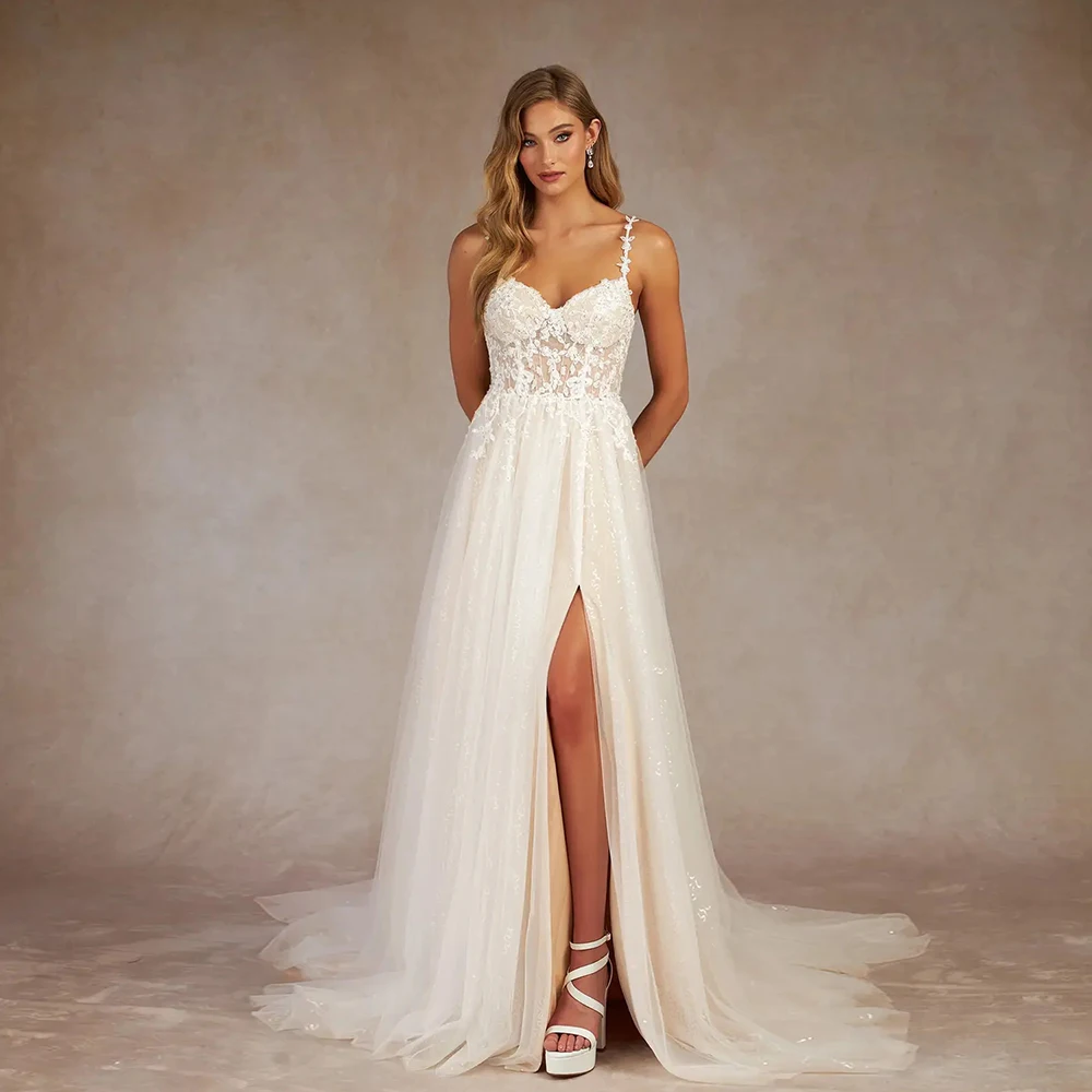 

Spaghetti Straps Ivory Wedding Dresses for Women 2024 Summer New Side Slit Bridal Gowns with Lace Court Train Vestido De Novia