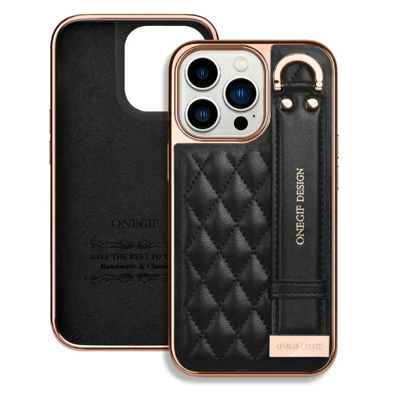 

Wrist Strap Plating Leather Phone Case for IPhone 15 Plus 14 Promax 13 12 Pro Max Shockproof Holder Fall Prevention Back Cover