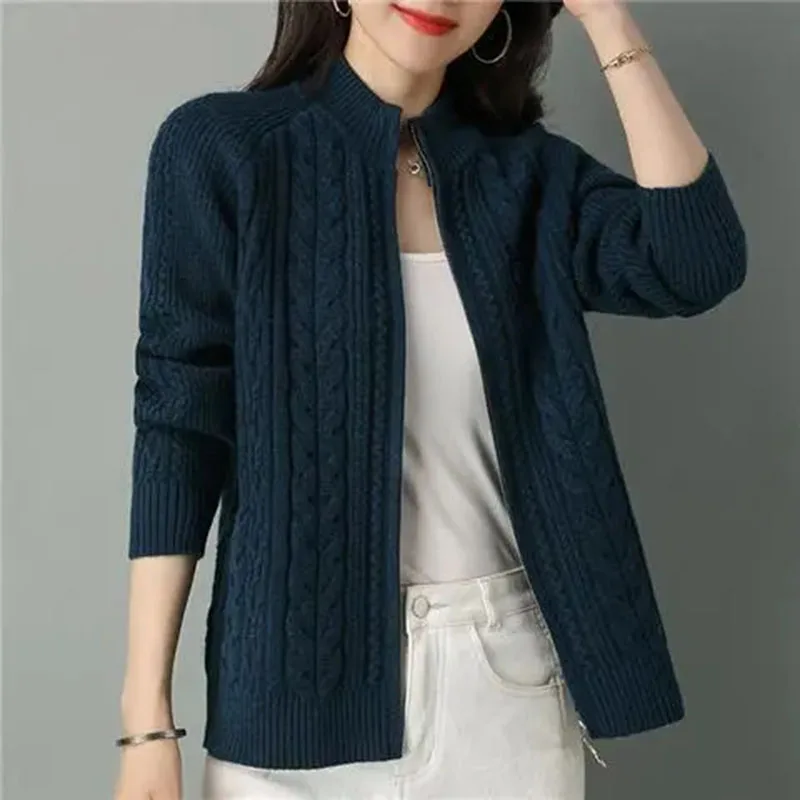 

Half High Collar Zipper Knitted Cardigan Jacket Women Autumn New Style Solid Color Raglan Sleeve Cardigans Thicken Sweater Coat