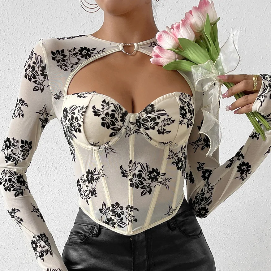 

Sexy​ Hollow Out Corset Crop Top Print Long Sleeve Tank Tops Slim Bustier Camis Summer Woman Clothes Streetwear Fishbone T-shirt