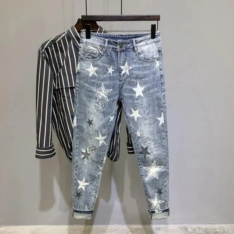 

Trousers Star Pattern Man Cowboy Pants Cropped Elastic Men's Jeans Stretch Light Blue with Print Clothes Y2k 2000s Spring Autumn