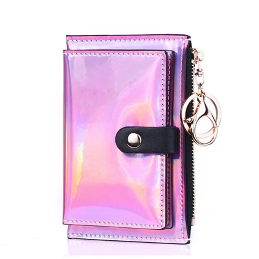 

Women PU Leather Double Sided Money Bag Bank Card Bus Card Laser Card Holder Keychain Mini Wallet Coin Purse