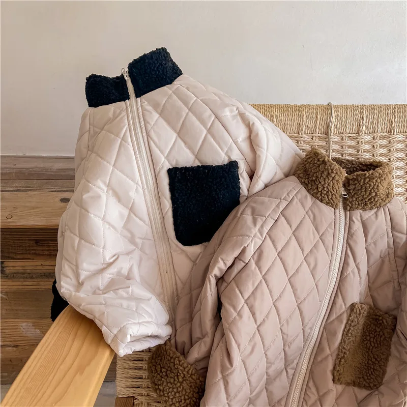 

Parkas Coat Children Cotton Clothing Winter Girls Korean Lambhair Splicing Thickening Warm Pocket Outerwear Soild Lattice