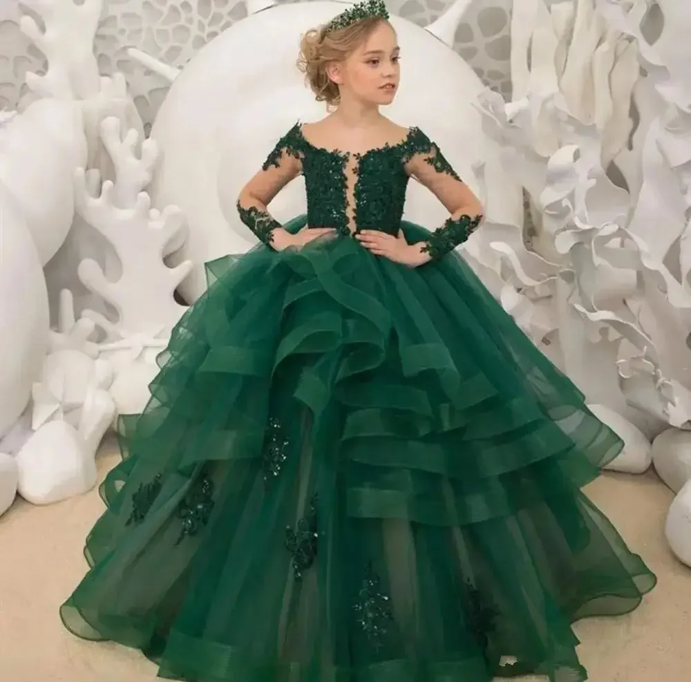 

Gorgeous Green Flower Girl Dresses Scoop Neck Appliqued Beaded Long Sleeves Pageant Ruffle Tiered Sweep Train Birthday Gown