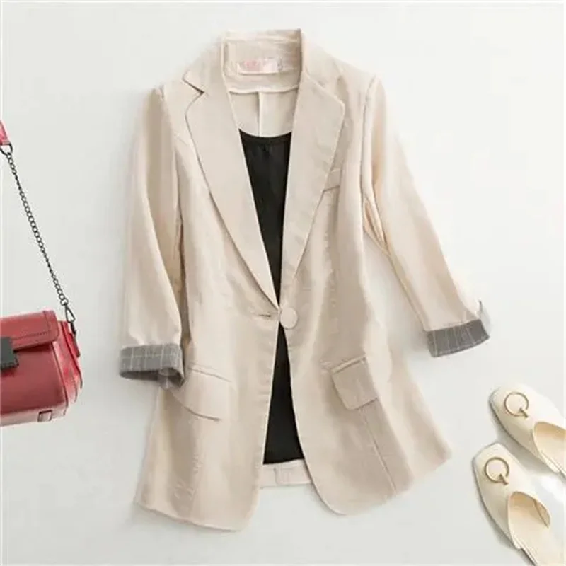 

2023 Women Blazer Office Lady Elegant Slim Notched Women Blazers Jackets Button Three-quarter Sleeve Solid Work Female Suit Coat