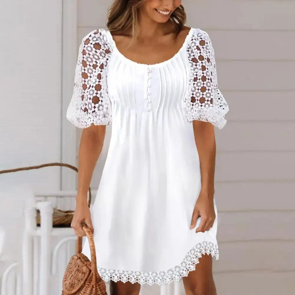 

Lady Summer Dress Elegant Lace A-line Mini Dress Feminine Summer Fashion with Pleated Detail Above Knee Length Women Loose Fit
