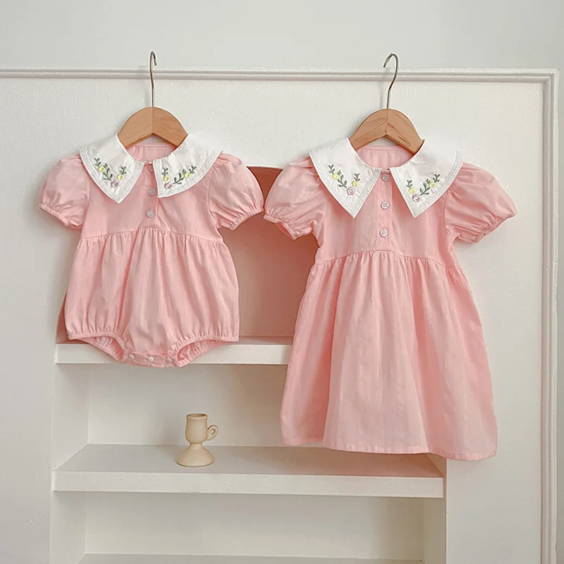 

Baby Girls Summer Romper Short Sleeve Wrap Fart One-piece Infant Girl Bodysuit Embroidered Flower Collar Sisters Girls Dress