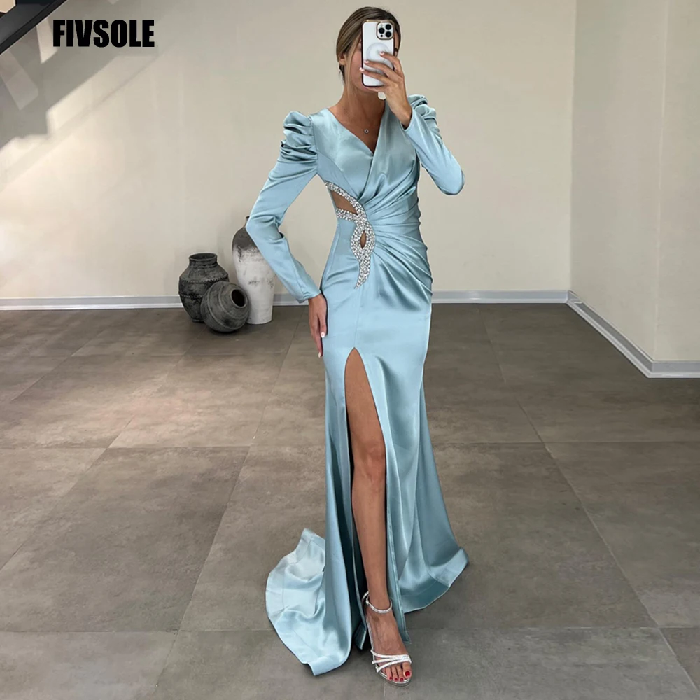 

Fivsole V-neck Leg Slit Mermaid Evening Dress Cap Sleeves Pleat Crystals Sequins Formal Event Gowns Prom Dress Vestidos De Noche