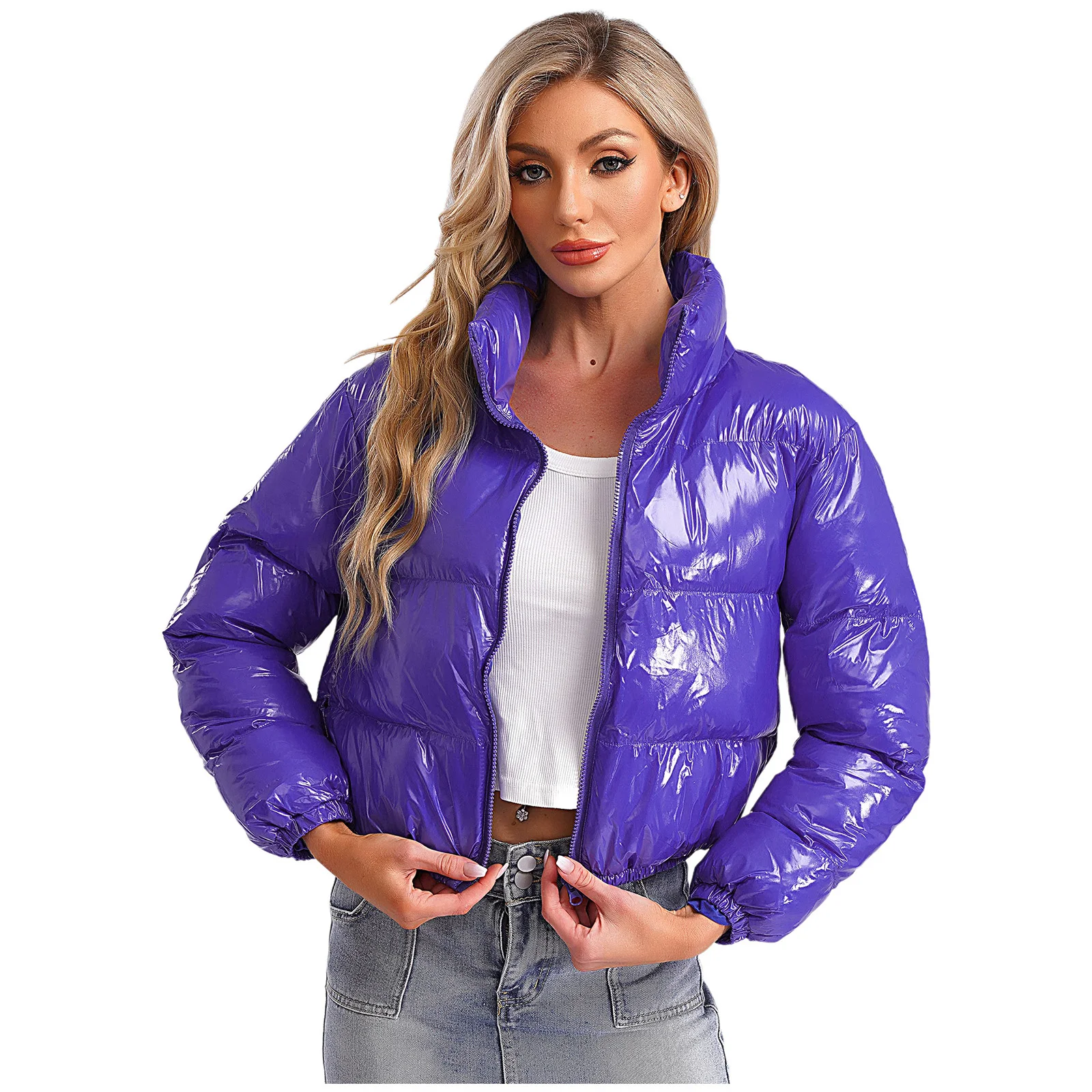 Women's Metallic Glossy Puffy Padded Jacket Quilted Outerwear Coat with Zipper Winter Stand Collar Outdoor Streetwear Women's Metallic Glossy Puffy Padded Jacket Quilted Outerwear Coat with Zipper Winter Stand Collar Outdoor Streetwear