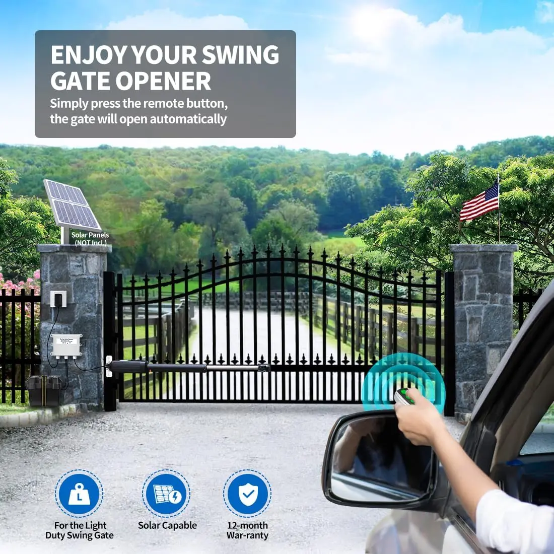 TOPENS A3 Automatic Gate Opener for Light Duty Single Swing Gates Up to 12ft, Single Swing Gate Operator Battery
TOPENS A3 Automatic Gate Opener for Light Duty Single Swing Gates Up to 12ft, Single Swing Gate Operator Battery
