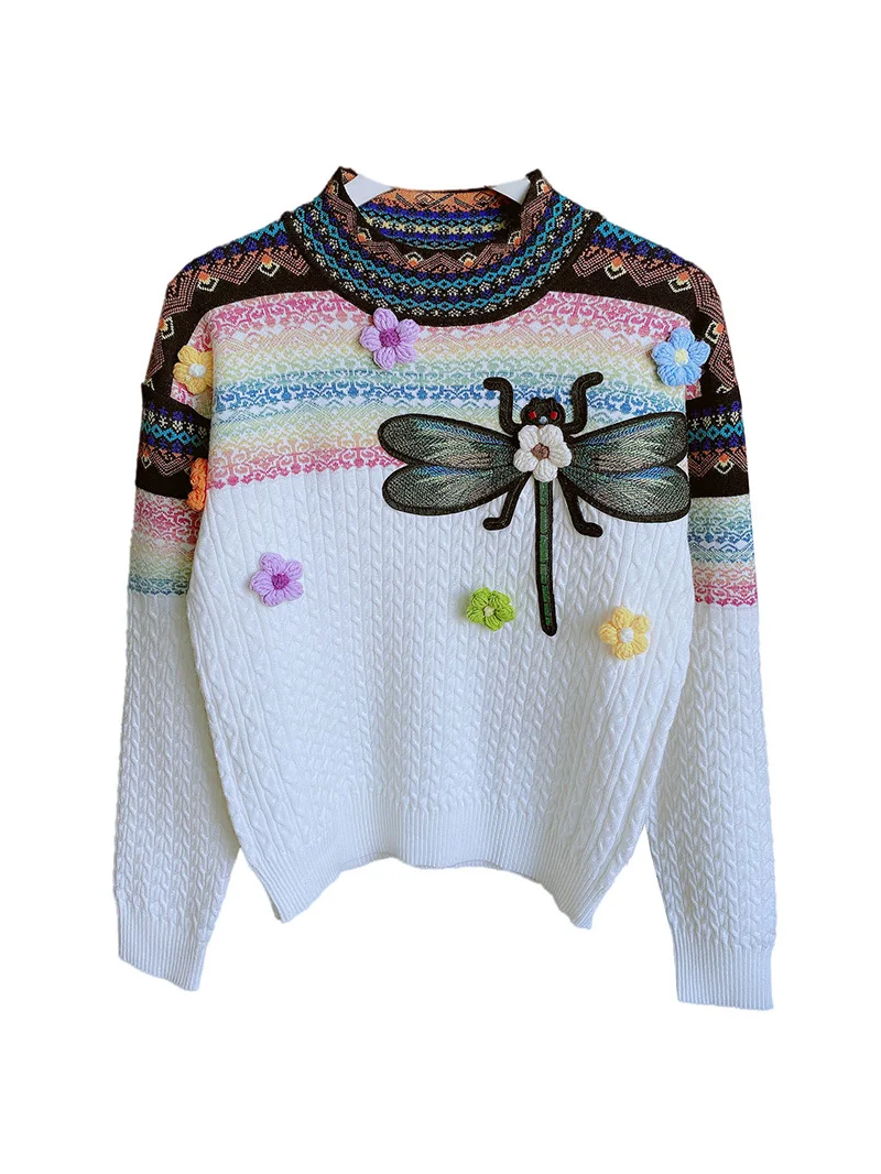 

Autumn And Winter New Round Neck Long Sleeve Contrast Color Twisted Sweater Women's Three Way Flower Dragonfly Knitwear Tops