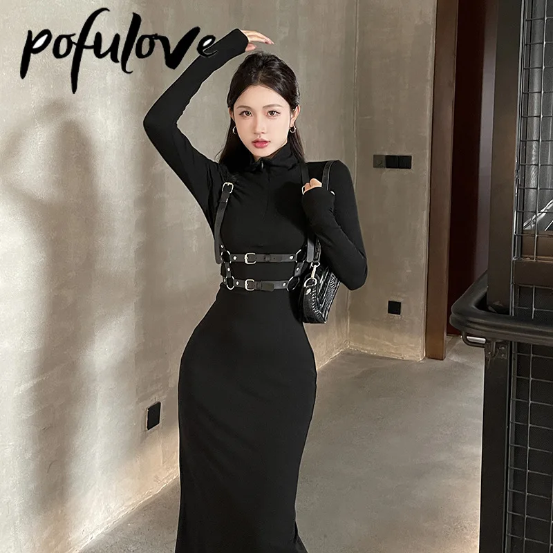 

Spliced Belt Split Black Dress Women Stand Collar Long Sleeve High Waist Slim Dress Female Fashion Zipper Cool Belted Dress Robe