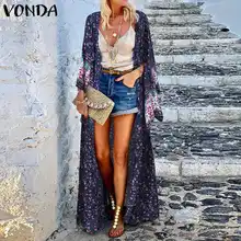 

Casual Cardigan 2022 VONDA Summer Vintage Printed Pleated Slit Cover-Ups Women Loose Beach Veste Cardigans Femme Long Blusas