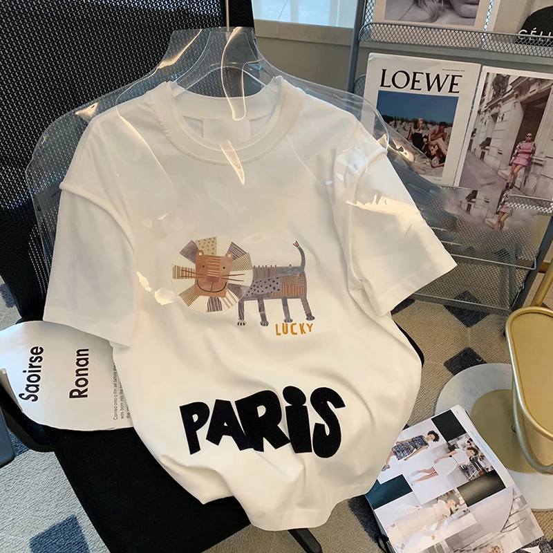 Women's Casual Comfortable Loose T-Shirt Short Drop Sleeve O-Neck Tees Fashion Cartoon Lion Letter Printing Tops Streetwear
Women's Casual Comfortable Loose T-Shirt Short Drop Sleeve O-Neck Tees Fashion Cartoon Lion Letter Printing Tops Streetwear