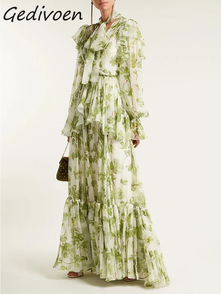 Gedivoen Summer Fashion Designer Vintage Loose Dress Women V-Neck Bow Frenulum Ruffles Holiday Party Army Green Print Long Dress
Gedivoen Summer Fashion Designer Vintage Loose Dress Women V-Neck Bow Frenulum Ruffles Holiday Party Army Green Print Long Dress