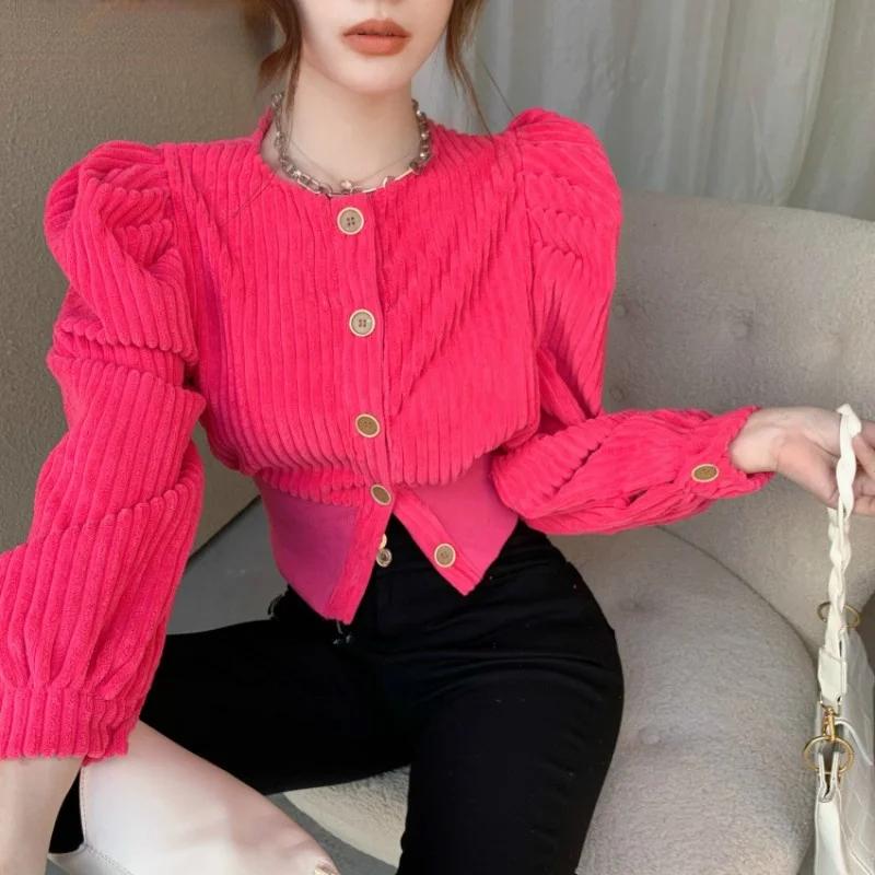 

Corduroy Coat Puff Long Sleeve Women Jacket 2023 Autumn New Single Breasted Solid Short Outerwear Sweet Girl Crop Top Rose Red