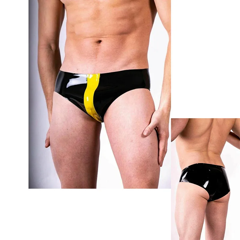 

Latex Rubber Tight Shorts Fetish Men Underwear Briefs Boxer Panties Black with Yellow Handmade (No Zip)