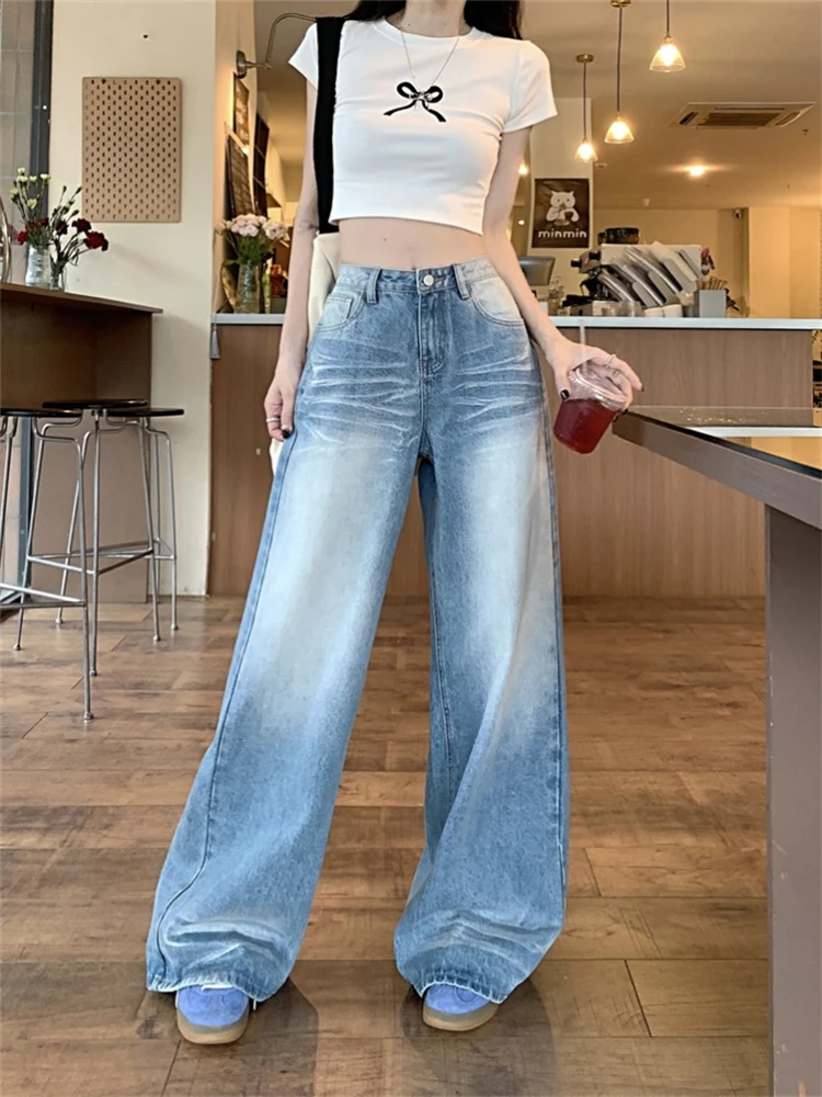 

Women's Wrinkle Washed Blue Jeans Young Girl Street Style Baggy High Waisted Bottoms Casual Trousers Female Wide Leg Pants