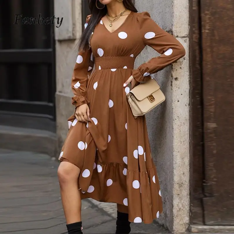 

Autumn Women Splicing Big Hem A-Line Dress Fashion V Neck Long Sleeve Slim Waisted Dress Casual Lady Polka Dot Print Long Dress