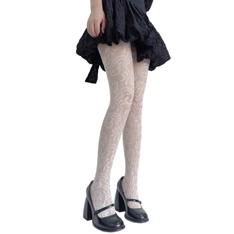 

2024 New Women High Waist Fishnet Mesh Lace Tights Stockings Harajuku Gothic Hollow Out Flower Patterned See-Through Pantyhose