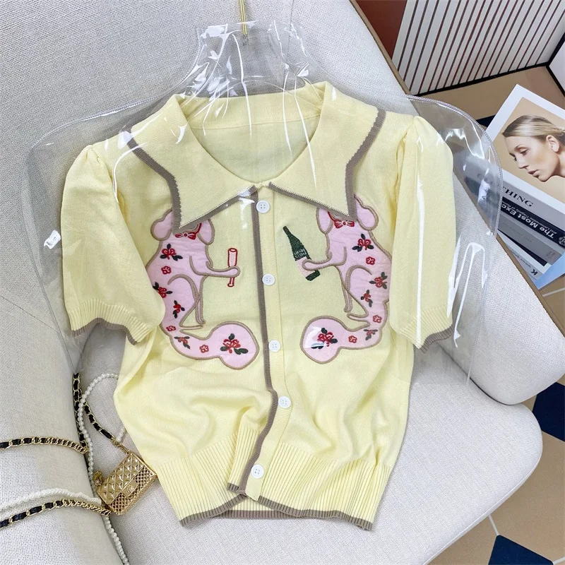 Summer Short-Sleeved Knitted Round Neck Cartoon sweater Women's Embroidery Striped Thin Sweater Sweet Women's Pullovers T-Shirt
Summer Short-Sleeved Knitted Round Neck Cartoon sweater Women's Embroidery Striped Thin Sweater Sweet Women's Pullovers T-Shirt