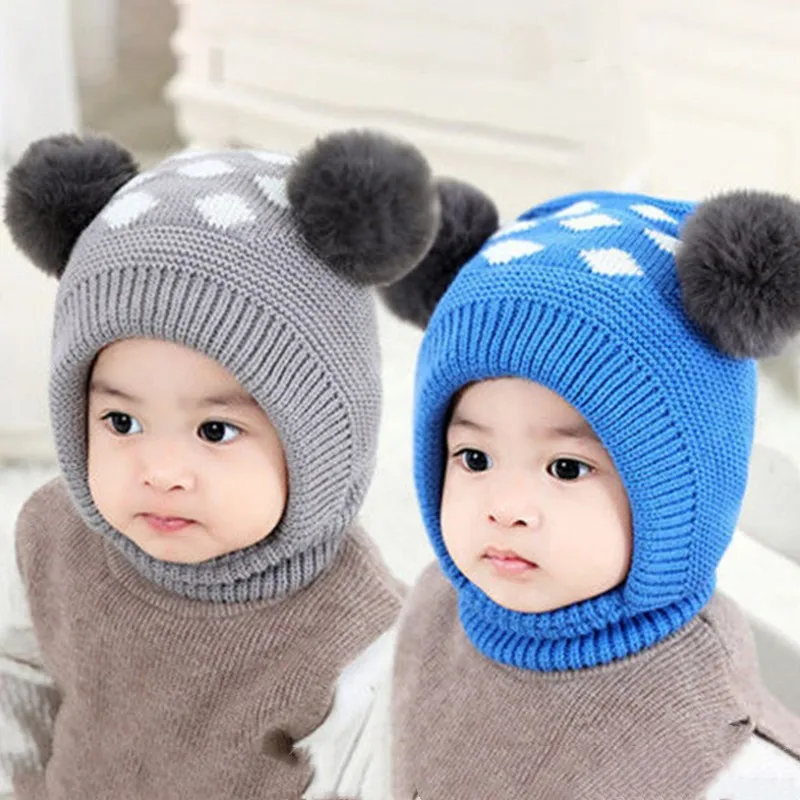 

Baby Pom Pom Hat Kids Winter Knitted Caps Thick Earflap Hood Scarves Beanie Children's Stuff Girls Bear Ear Headwear