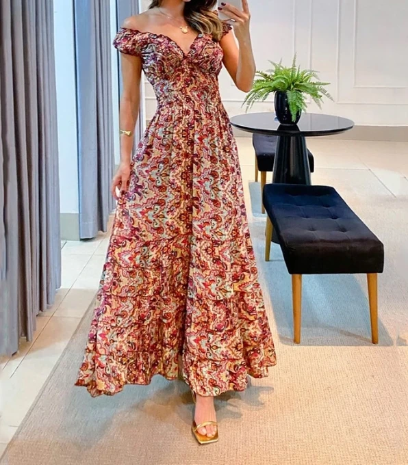 

Fashion Long Skirt Colorful V-Neck Short Sleeved Printed Ripple Ruffle Edge Party 2023 New Women's Temperament Commuting Dresses