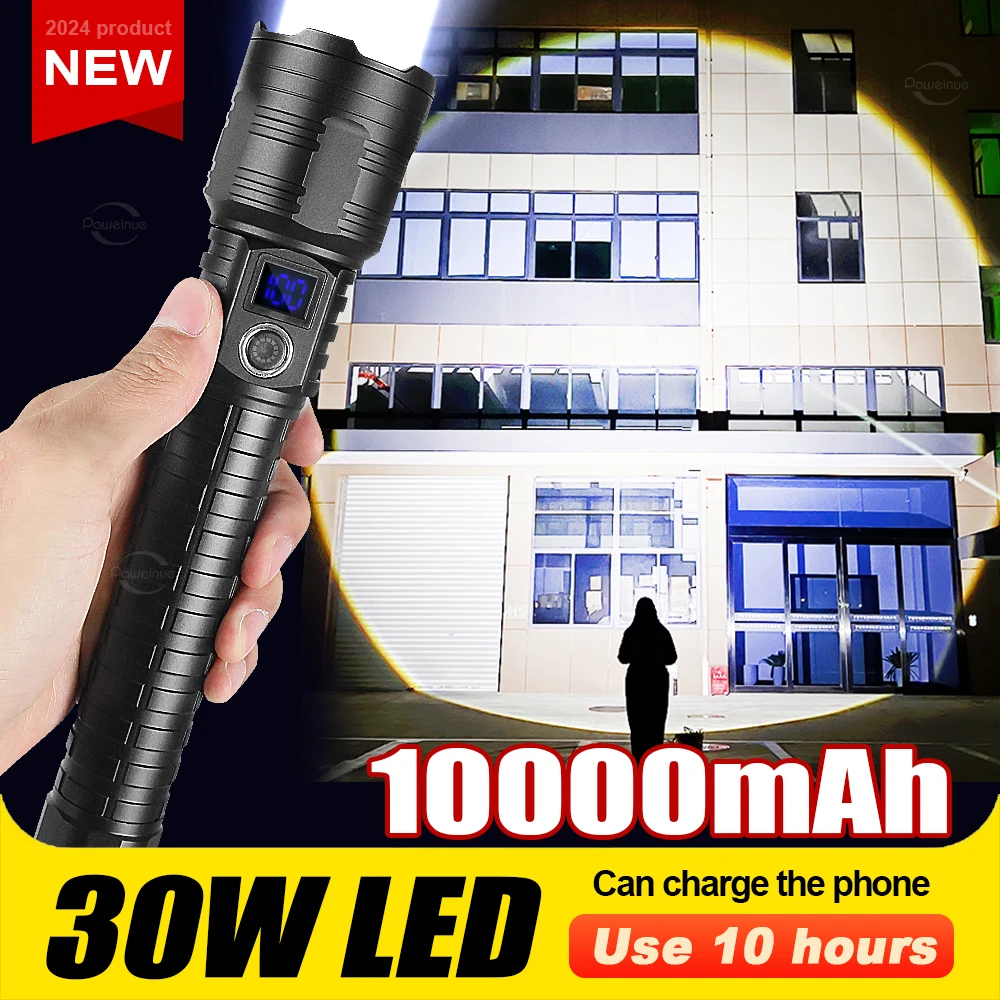 

New Most Powerful Led Flashlights Long Shot Torch with Type-C USB Charging Lantern 10000mAh Rechargeable Light Digital Display