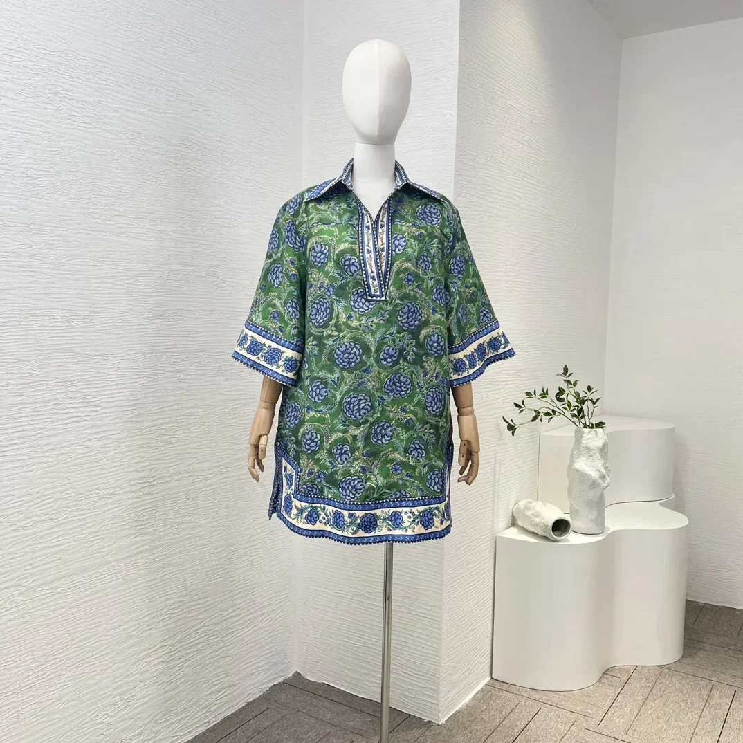

New Arrival Green High Quality Linen Floral Print Half Sleeve Loose Front Buttons Closure Mini Dress for Holiday