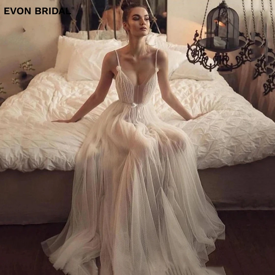 

Женское свадебное платье EVON, простое современное ТРАПЕЦИЕВИДНОЕ ПЛАТЬЕ на тонких бретельках, с открытой спиной, Тюлевое платье с глубоким V-образным вырезом для выпускного вечера