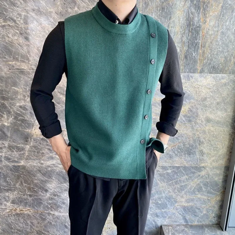

Knit Sweater Male Waistcoat Slit Buttons Men's Clothing Sleeveless Round Collar Vest Green Crewneck Baggy Cotton Wool Maletry A
