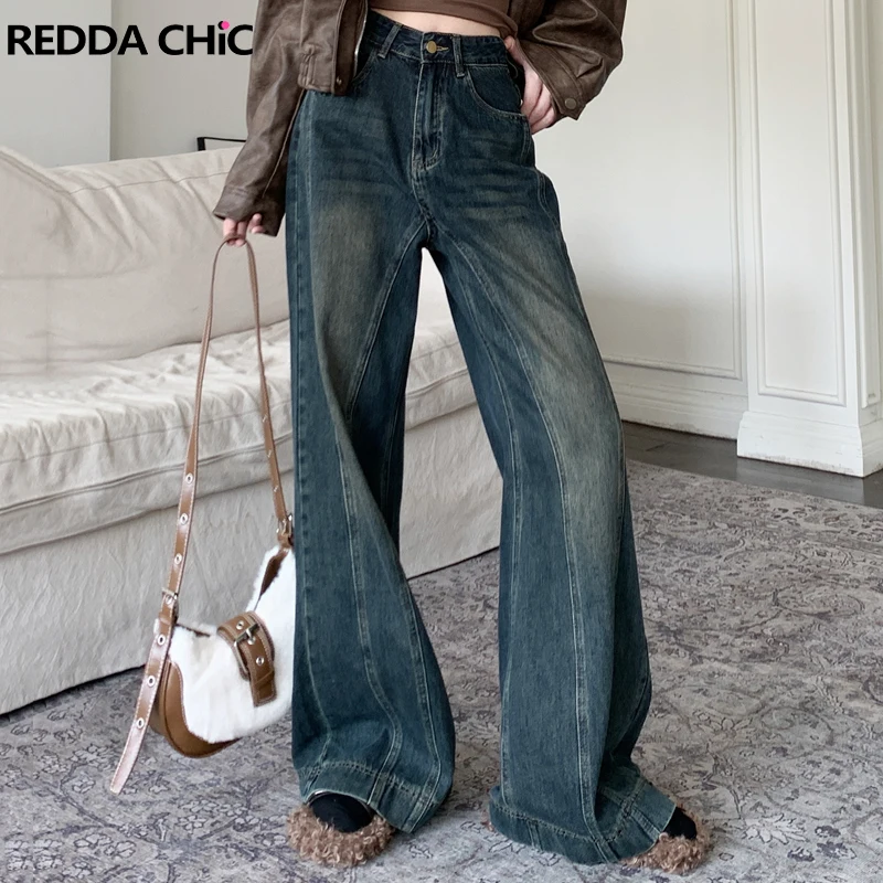 

ReddaChic Patchcwork Vintage Wide Leg Y2k Pants for Women Baggy Jeans Blue Plain Stitch Casual Loose High Waist Hip-hop Trousers