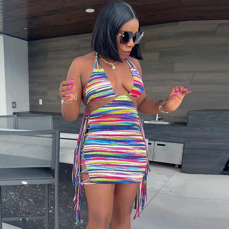 

Colorful Striped Mini Dress V Neck Halter Sexy Bandage Fringe Bodycon Party Club Casual Dresses 2022 Printed Clothes Fashion