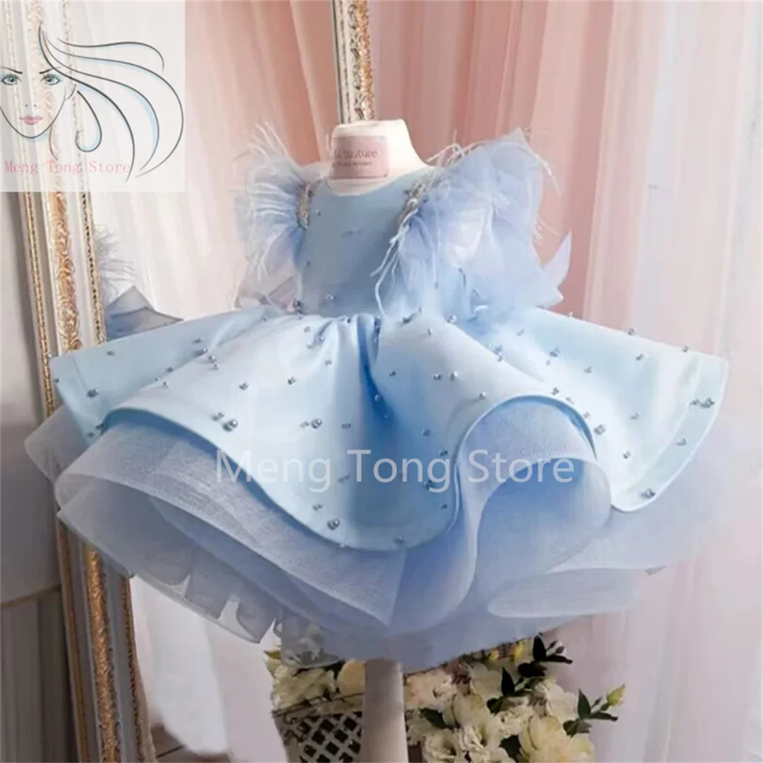 

Princess Feather Flower Girl Dresses Beaded Ruffles Jewel Neck Gilrs Pageant Dress Little Kids First Communion Dress