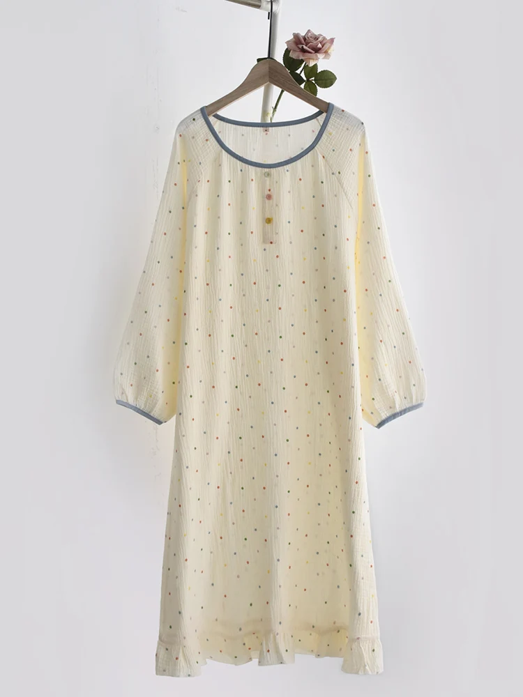 

Colorful Polka Dot Nightgown For Women Spring New Long Sleeved Cotton Thin Loose Home Clothing Round Neck Pullover Nightdress