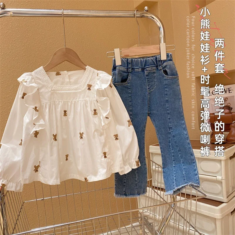 

Girls' Lace Flounced Sleeve Bear Doll Shirt Raw Hem Jeans Two-Piece Set Autumn Fashionable Small Fresh Trendy
