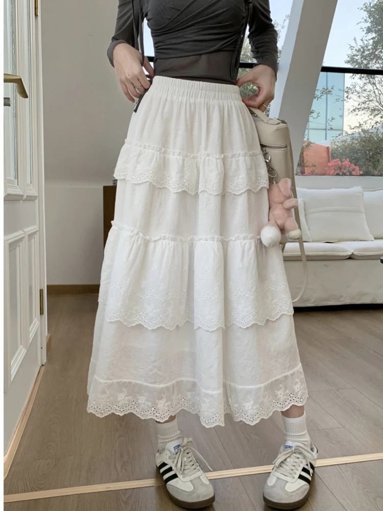 

White Black Midi Long Skirt Women A-Line Skirt 2024 Goth Lolita Spring Summer High Waisted High Low Ruched Ruffle Skirts rok