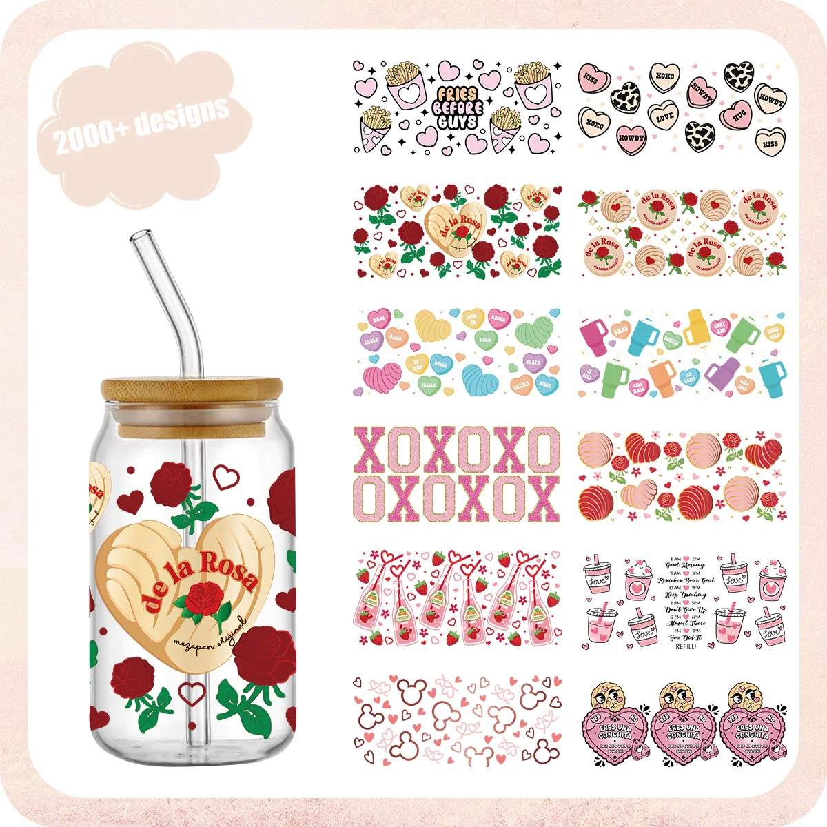 

Candy Hearts Valentine's Day 16OZ UV DTF Cup Wrap Transfers Stickers Custom Labels DIY Waterproof Logo XOXO For Libbey Glass Can