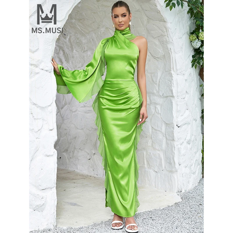 

MSMUSI 2024 New Fashion Women Sexy One Shoulder Lace Mesh Ruffles Draped Fold Long Sleeve Bodycon Party Club Slit Maxi Dress