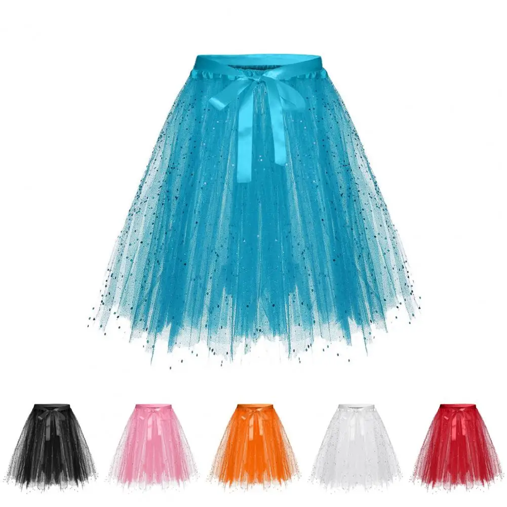 

Elegant Sequin Gauze Skirt Sparkling Sequin Mesh Skirt with Bow Detail Multi-layered A-line Design Elastic Waistband for Women's