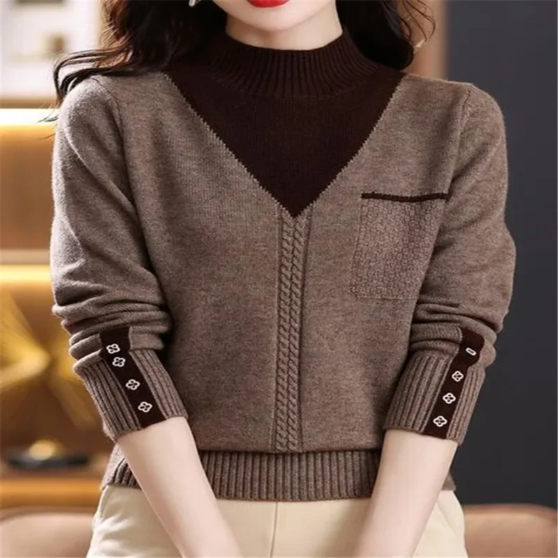 

Women Vintage Splicing Panelled Sweaters Autumn Winter Streetwear Fashion Mock Neck Long Sleeve Casual Slim Knitted Pullovers