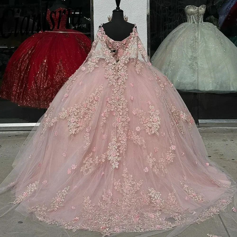 

Pink 3D Flowers Off The Shoulder Ball Gown Quinceanera Dresses With Cape Appliques Lace Corset Sweet 15 Vestido